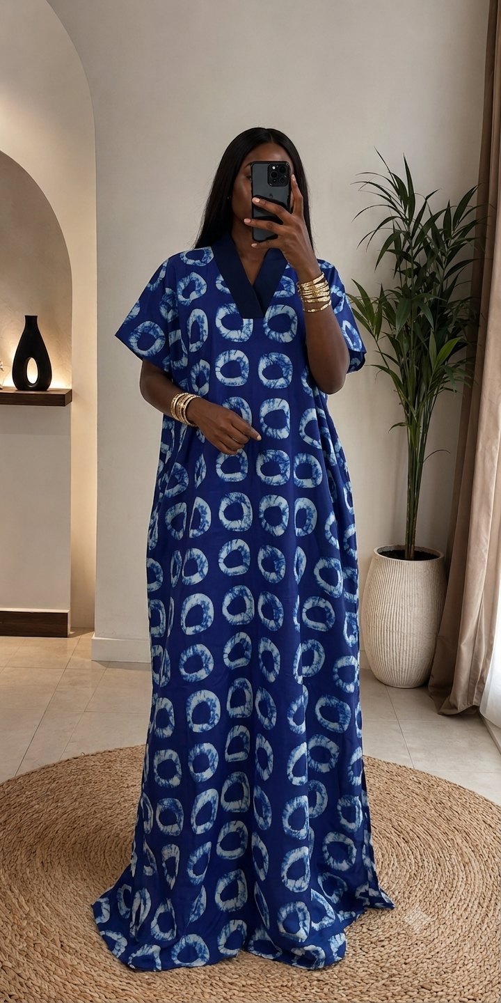 Woman wearing a blue and white Bubu kaftan dress